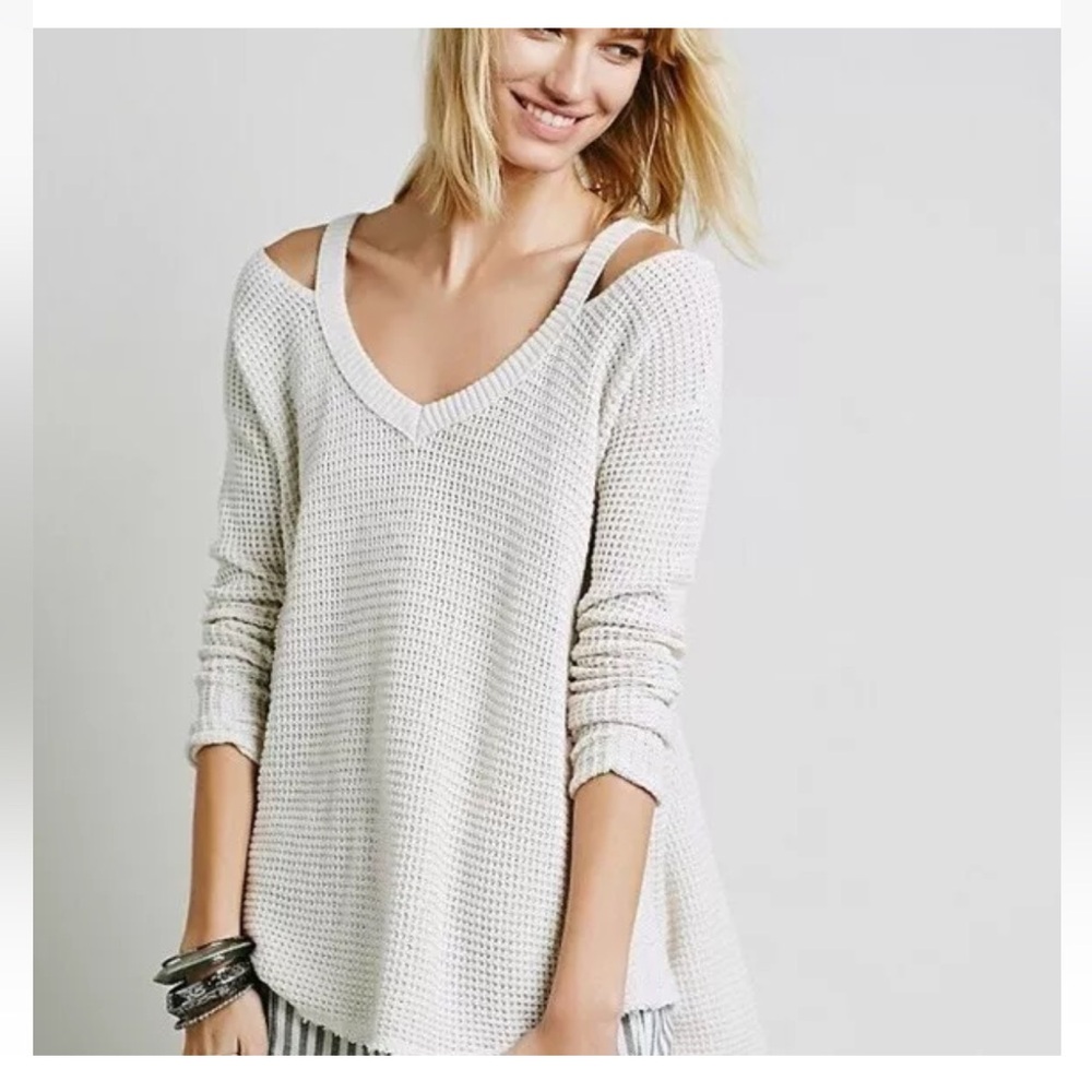 Free People Moonshine Pullover Cold Shoulder V-neck Sweater Womens Beige